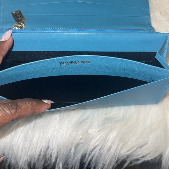 Yves Saint Laurent Long Wallet Vivid Color Turquoise Blue Leather EUC - Picture 3 of 14